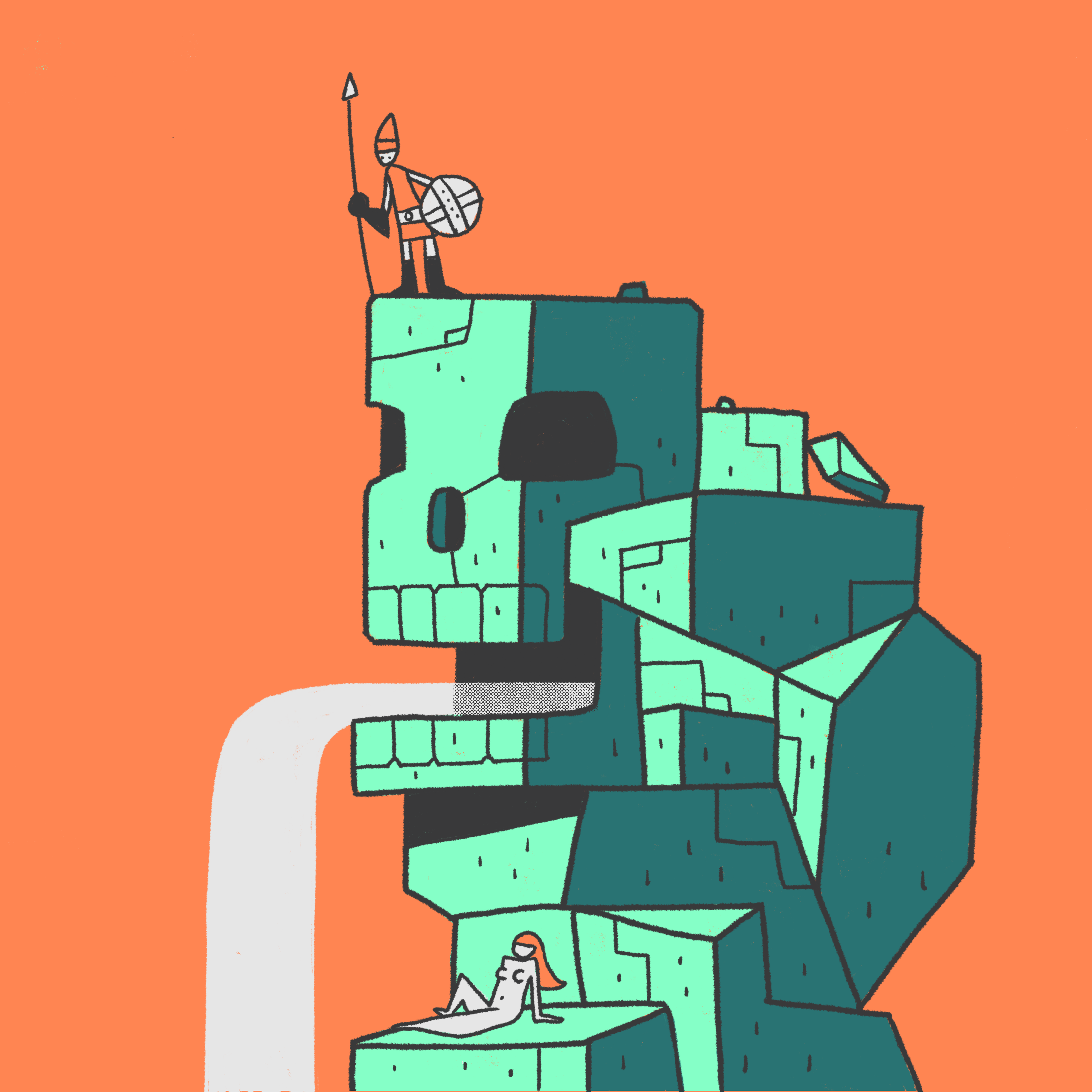 A knights standing on a structure that looks like a skull