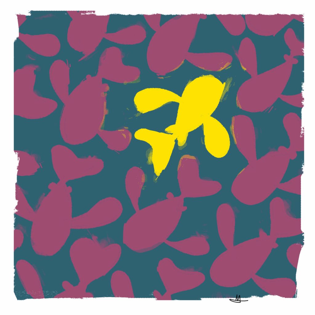 A yellow fish is swimming against the flow of many magenta fish