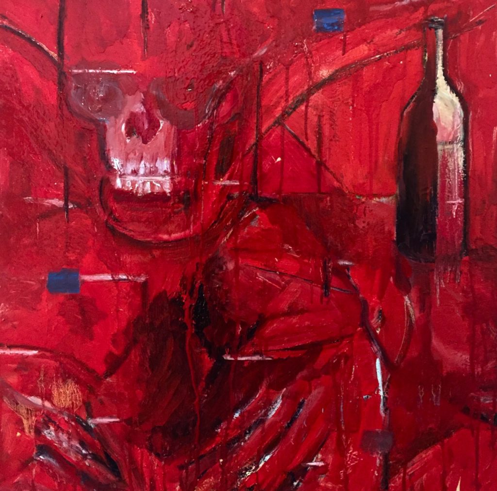 A painting that is primarily red and has pops of blue. A skull can be seen in the top left.